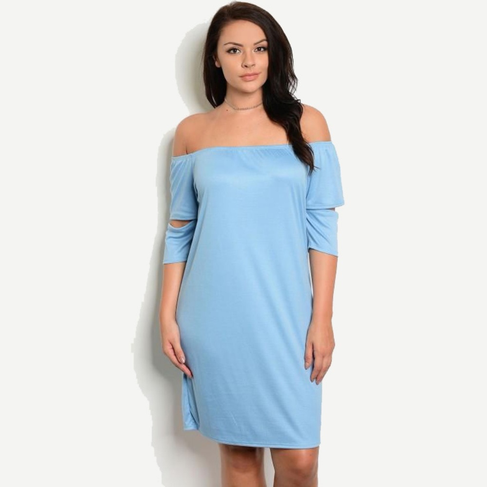 Plus Size Off Shoulder Dress 3/4 Slit Sleeve Blue